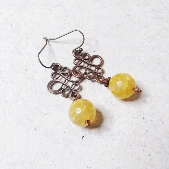 Chunky Yellow DragonVein Agate & Copper Filigree Earrings! Big + Bold + Spicy! - Picture 2 of 7
